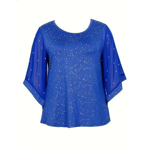 EUC Cobalt Blue Shimmering Top with Pearl Accents on Sleeves, 2XL - Picture 2 of 7